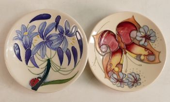Two Moorcroft pin dishes to include Fly away home and Butterfly. Boxed