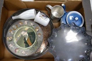 A mixed collection of items to include Parker Ellis silver plated serving tray, footed bowl,