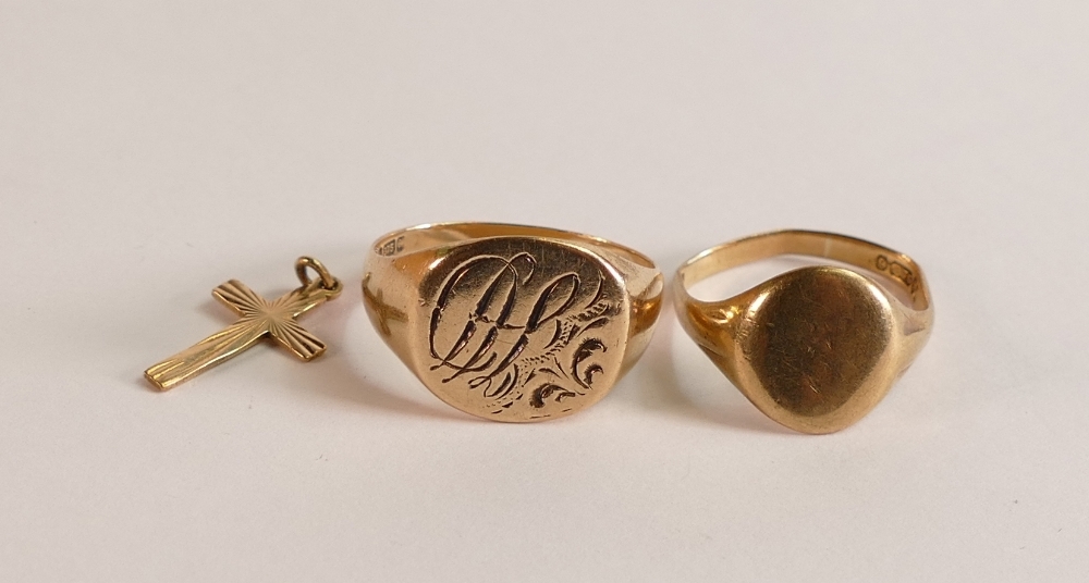 Two worn 9ct gold gentleman's signet rings and 9ct gold cross, 8.2g. (3)