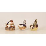Royal Crown Derby paperweights Nesting Goldfinch, Blue Tit and Wren, gold stopper (3)