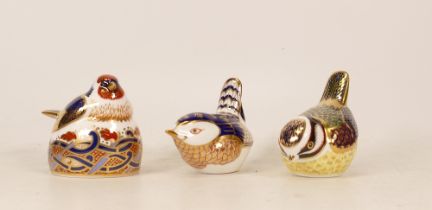 Royal Crown Derby paperweights Nesting Goldfinch, Blue Tit and Wren, gold stopper (3)