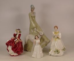 Royal Doulton Lady Figures Strolling HN3073, Top O'hill HN1834, Welcome HN3764 and January HN2697 (