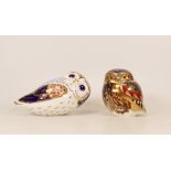 Royal Crown Derby paperweights Imari Owl and Little Owl, gold stopper (2)