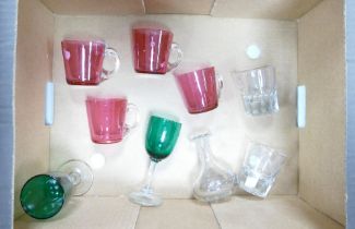 A collection of glass items to include set of 4 Cranbury glass cups, two green liquour glass, bud