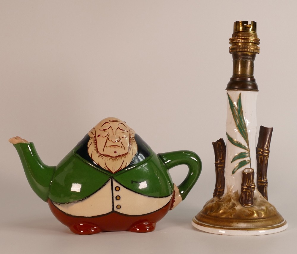 Wileman & Co (Foley) Intarsio character tea pot, Kruger pattern 3246 and Foley lamp base, bamboo