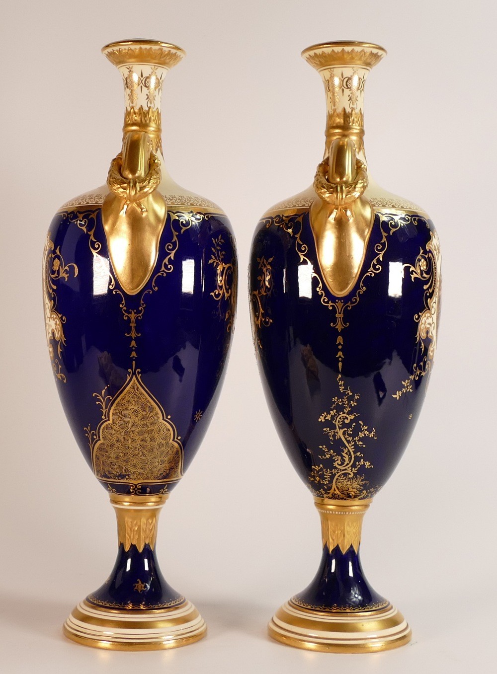 19th century Coalport pair of two handled vases, gilded all over & decorated with panels of - Image 6 of 7