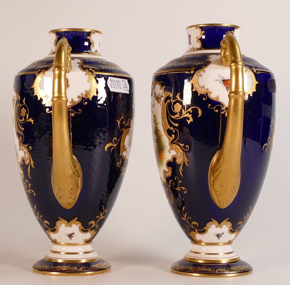 19th century Coalport pair of two handled vases, gilded all over & decorated with panels of flowers, - Image 4 of 5