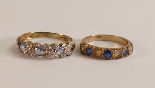 Two 9ct gold ladies ring, both set with blue stones, size J & O,4.5g. (2)