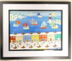 Gordon Barker (English, 20th Century) A Winter Harbour Town Scene. Acrylic on Paper, Framed Behind