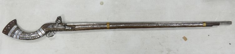 19th Century Afghan Jezail Rifle with Mother of Pearl Inlay Woodstock and indistinct markings to