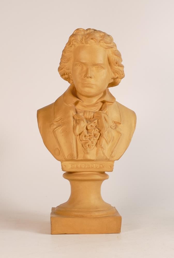 Earthenware bust of Ludwig van Beethoven on square foot socle. Height: 28.5cm