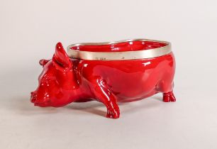 Royal Doulton early Flambe pig dish with hallmarked silver mounts, L18 x h.8cm, good restoration..