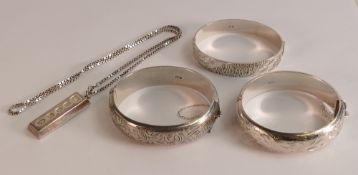 A collection of Silver jewellery including bangles, Ingot and necklace, bracelets etc, 117.6g.