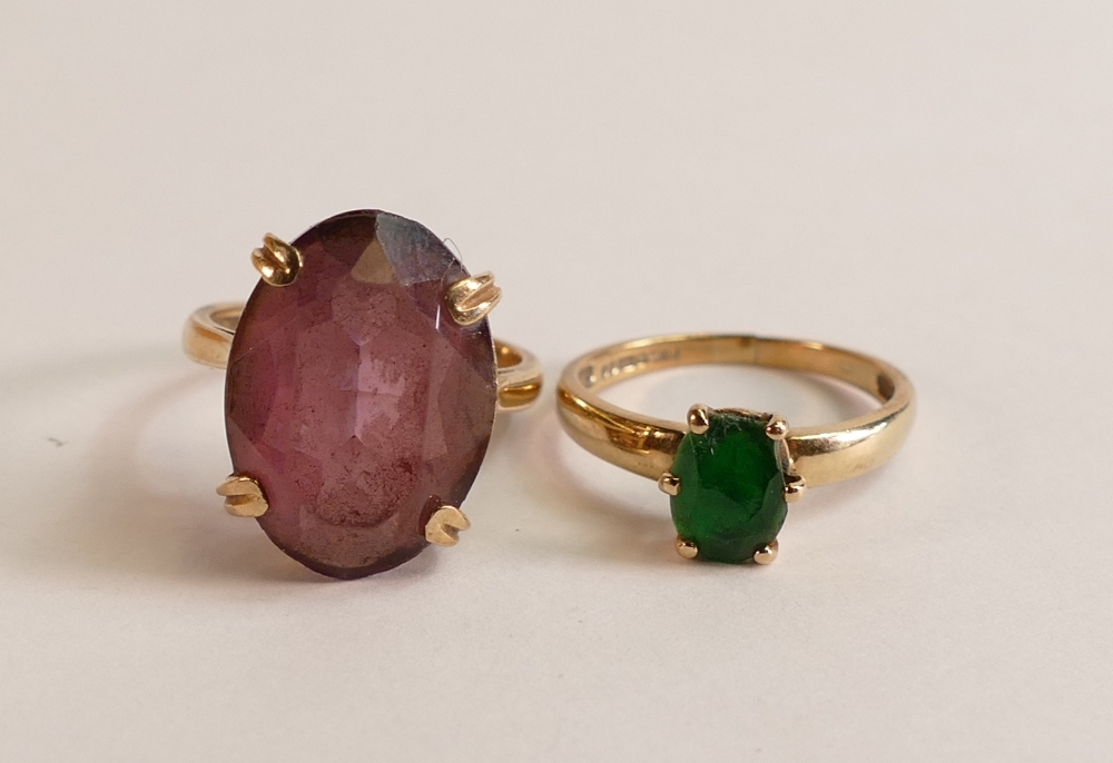 Two 9ct gold ladies dress rings, one set with oval green stone,size L and the other set with oval