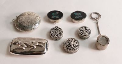 Eight assorted sterling silver boxes - includes snuff box, vesta / match case, sixpence case & 5 x