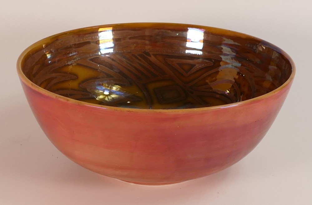 Jonathan Cox Ceramics vibrantly decorated fruit bowl with lustre wild bird decoration, diameter 25. - Image 4 of 4