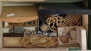 A collection of vintage costume jewellery including silver, military cap badges, pearls, beads etc