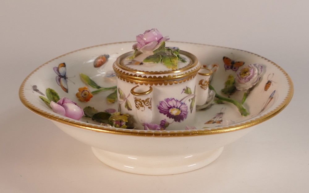 Coalport Coalbrookdale floral encrusted inkwell with hand painted insects and gilt highlights