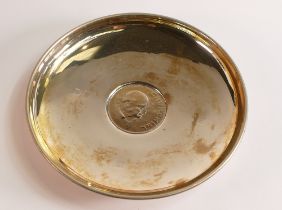 Cased London hallmarked silver dish with a 1965 Churchill crown added to the base. Gross weight