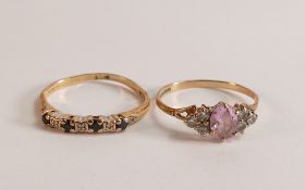 Two ladies 9ct gold dress rings, one set with pink stones, size Q and the other with blue sapphires,