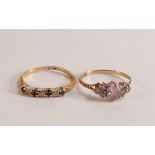 Two ladies 9ct gold dress rings, one set with pink stones, size Q and the other with blue sapphires,