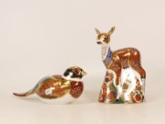 Royal Crown Derby paperweights Fawn (boxed) and Woodland Pheasant, gold stopper (2)