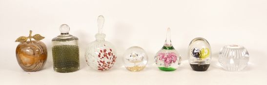 A collection of glass paperweights together with a perfume bottle and Onyx apple (7)