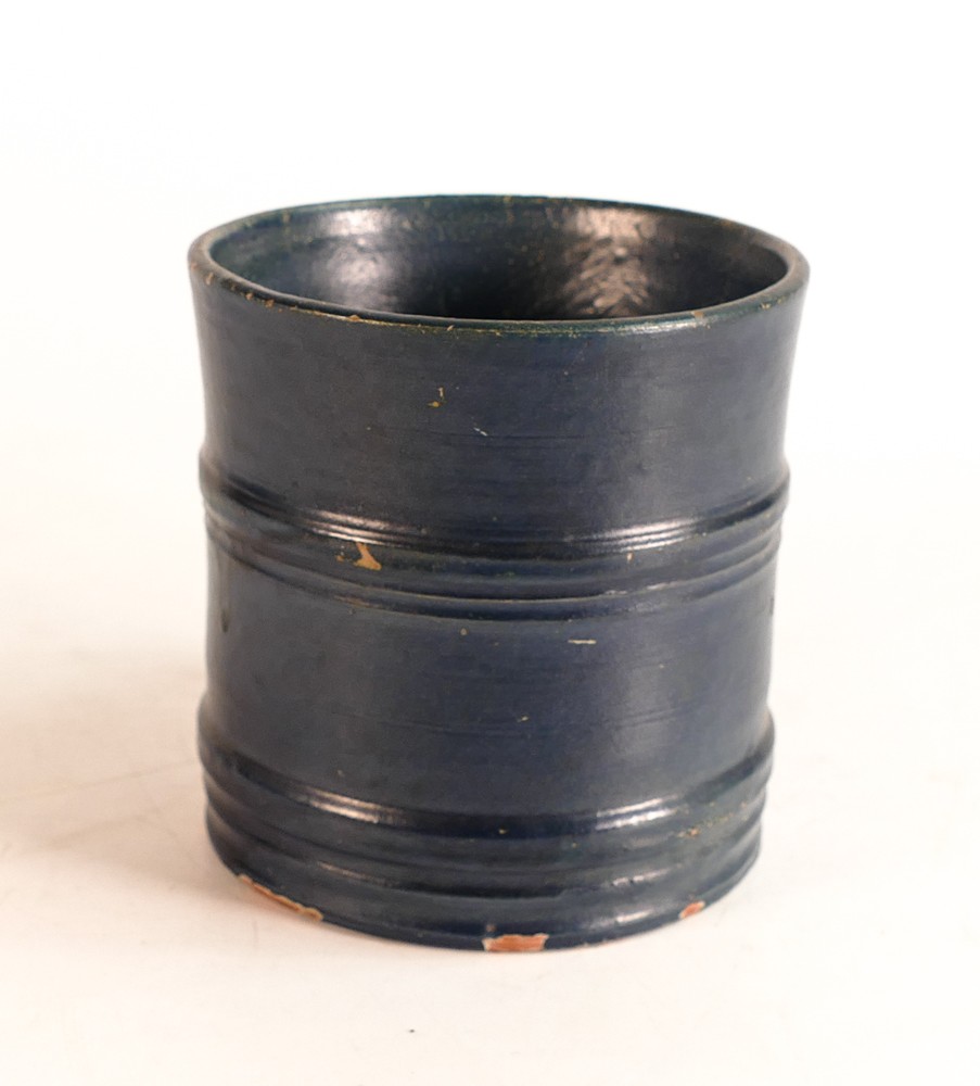 Dicker Ware Sussex two handed tankard, in deep blue mat glaze, hairline to rim & various paint