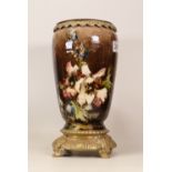 Brass mounted faience vase with floral decoration, height 30.5