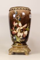 Brass mounted faience vase with floral decoration, height 30.5