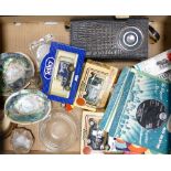 A collection of items to include abalone shell, toy cars, glass ashtray, a collection of singles