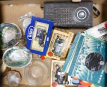 A collection of items to include abalone shell, toy cars, glass ashtray, a collection of singles