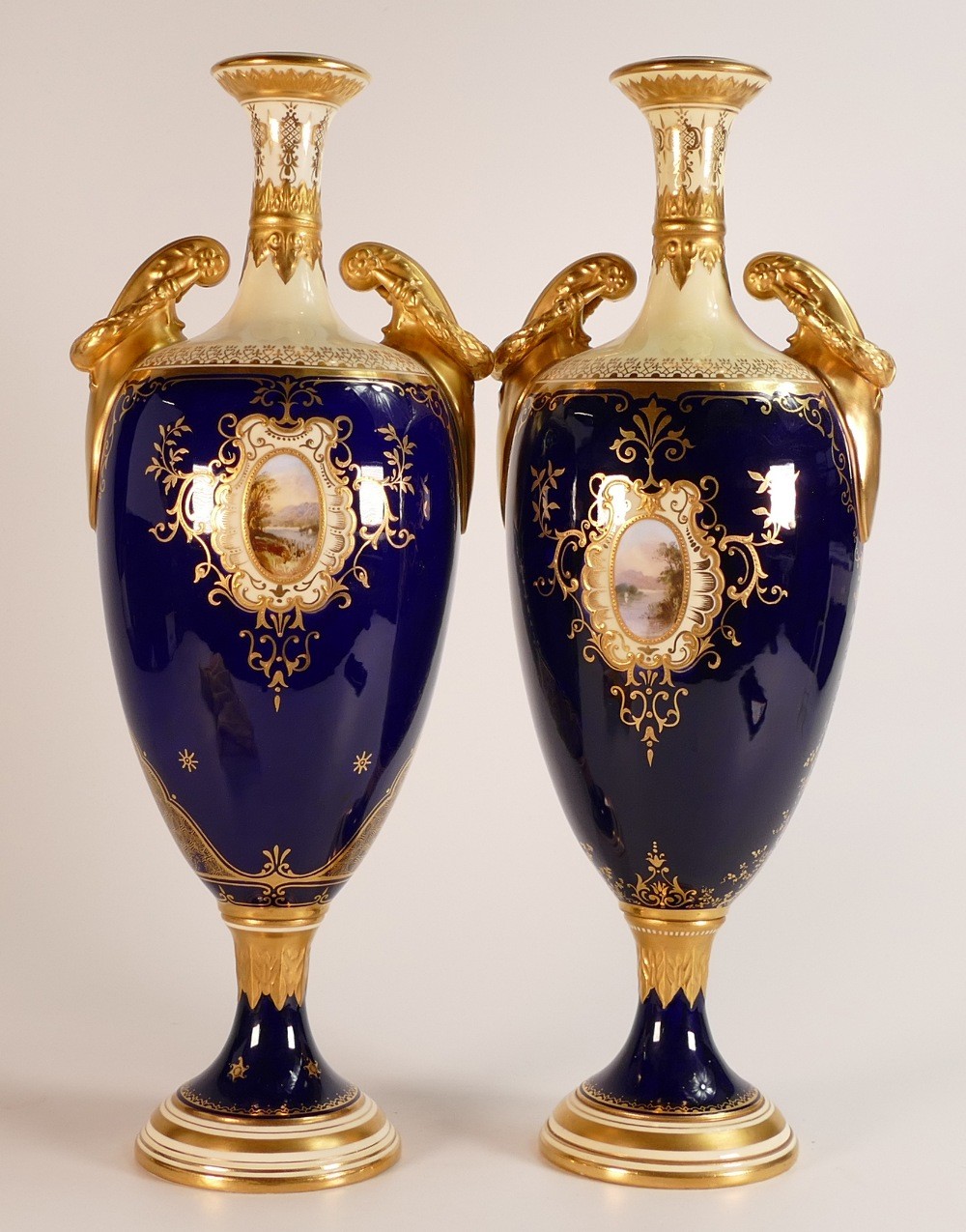 19th century Coalport pair of two handled vases, gilded all over & decorated with panels of - Image 5 of 7