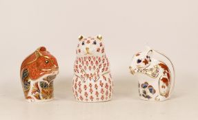 Royal Crown Derby paperweights Red Squirrel, Squirrel and Hamster, gold stopper (3)