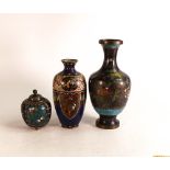 Three cloisonne vases, two larger ones, both damaged / repaired, the smaller one with a lid