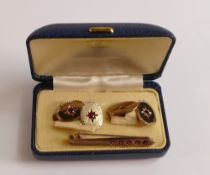 Gentleman's 9ct rose gold & Ruby pair cufflinks, 10.5g, together with a similar gold coloured tie