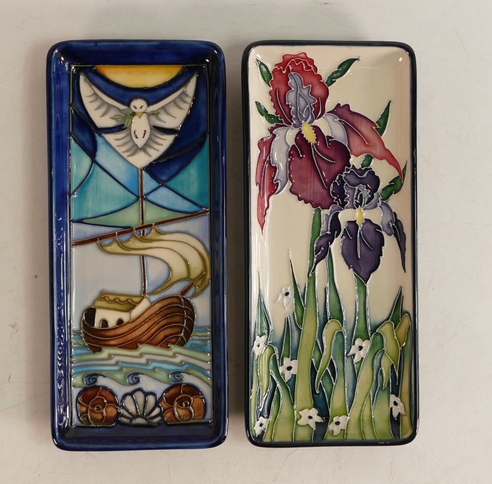 Moorcroft rectangle tray in the Duet ( boxed) and Winds of change ( silver lined) designs.