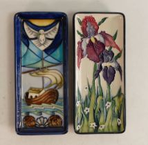 Moorcroft rectangle tray in the Duet ( boxed) and Winds of change ( silver lined) designs.