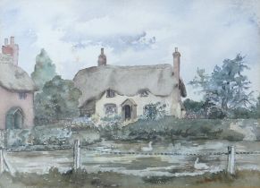 'Cottage beside the Duck Pond (Wilton-Marlborough)', watercolour on paper. Framed behind glass,