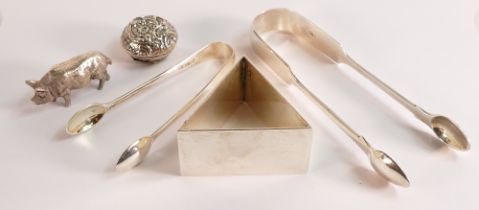Collection of silver items including hallmarked solid silver pig, triangular napkin ring (