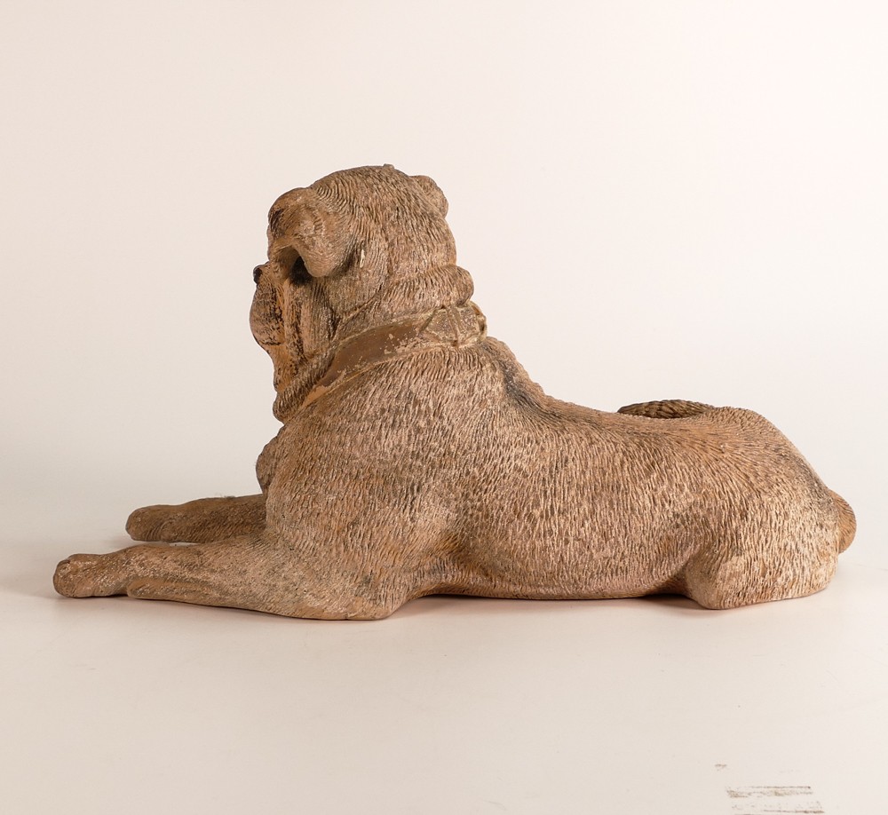 Large Austrian polychrome painted Terracotta pug dog. Early 20th century. Modelled in recumbent - Image 2 of 4