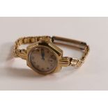 9ct gold ladies Rolex wristwatch with hexagonal case with gold plated bracelet, inner case and works