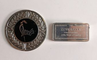 Edward V commemorative hallmarked silver ingot, together with hallmarked silver Silcocks best bird