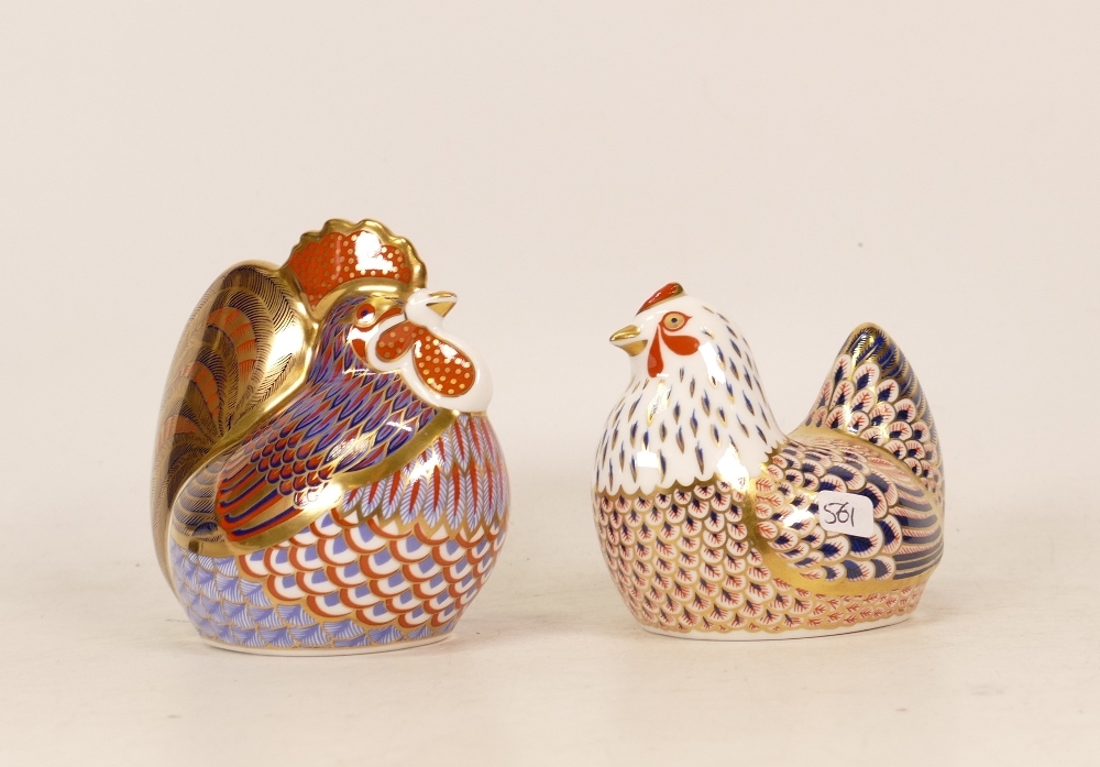 Royal Crown Derby paperweights Cockrell and Chicken, gold stopper (2)