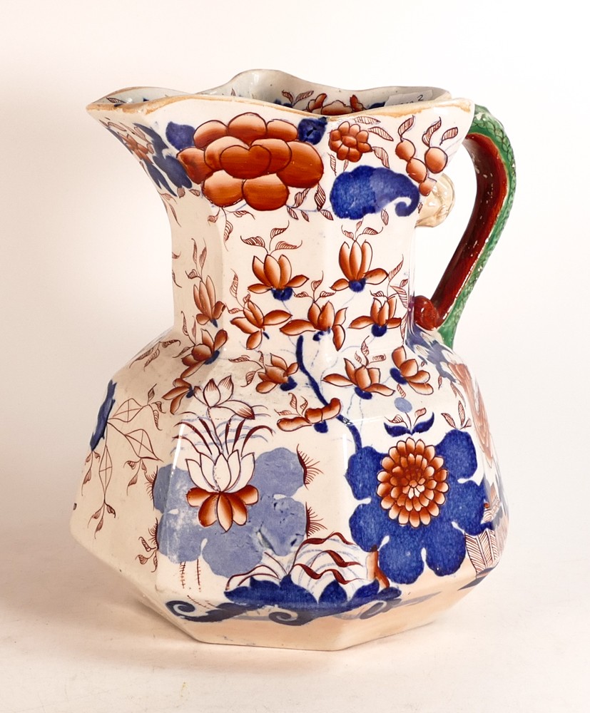 Masons Ironstone Hydra jug with serpent handle decorated in the Imari palette. Height: 24.5cm