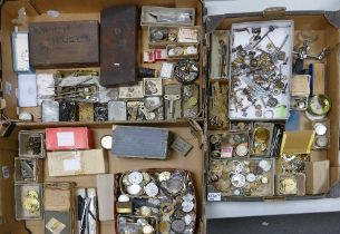 A collection of watch parts to include faces, keys, hands, wheels, springs, straps, jewels, old
