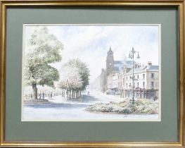 Anthony FORSTER (b. 1941) English Street Scene, park to left with townhouses and clocktower building