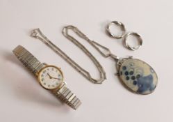 Silver pendant set with porcelain with silver chain and earrings and Ladies Rotary wristwatch. (4)