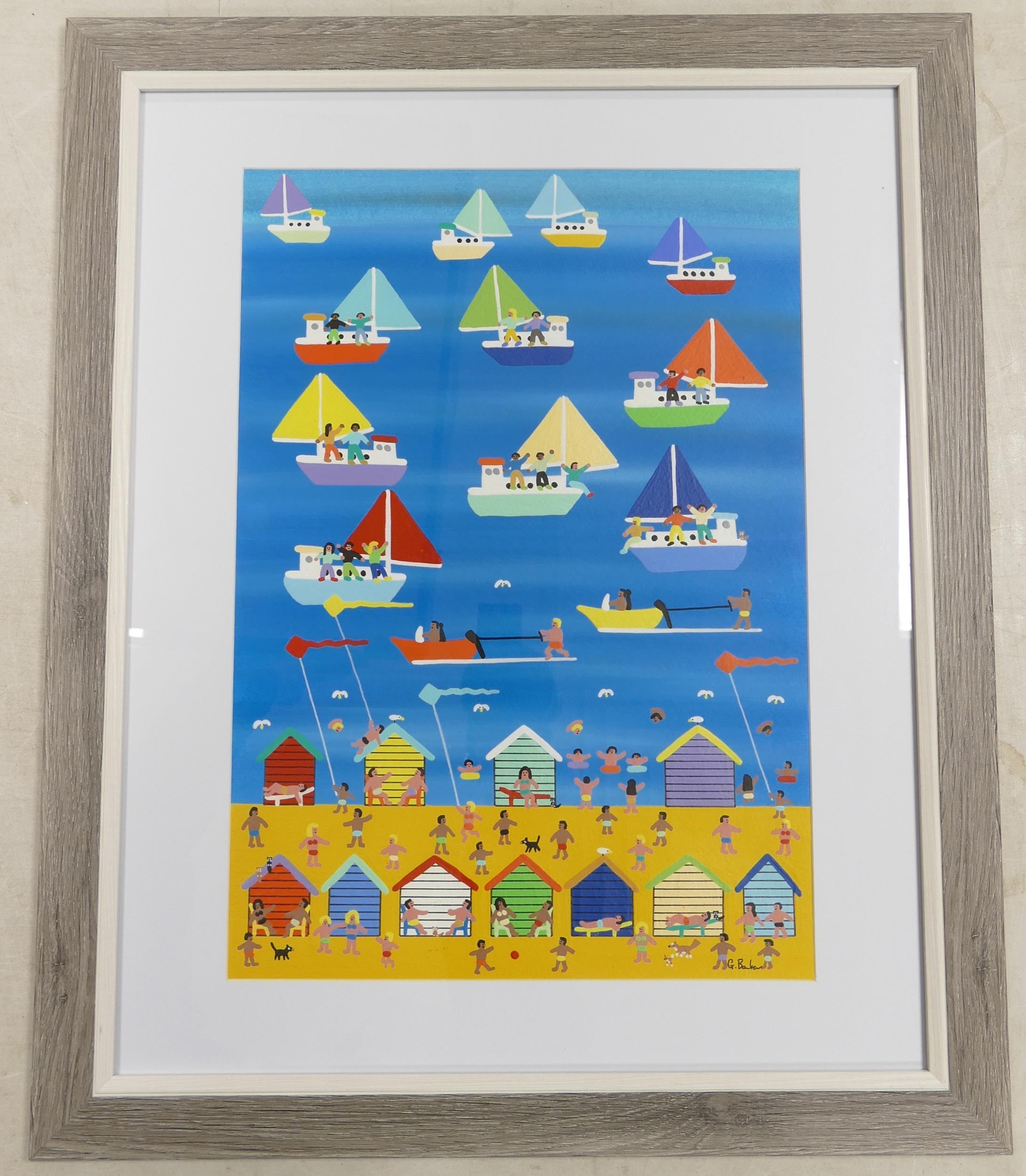 Gordon Barker (English, 20th Century) A Beachhut Seaside Town Scene. Acrylic on Paper, Framed Behind