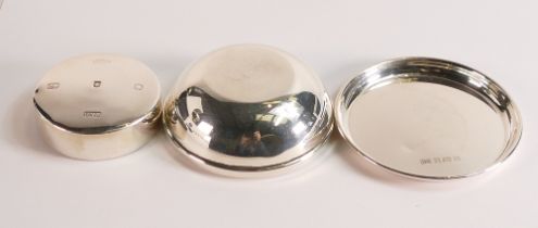 Hallmarked silver coaster (small dent) 35g, together with 2 hallmarked (loaded) items - a designer